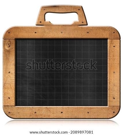 Old blank blackboard with wooden rectangular frame and nails in the shape of a briefcase with handle, isolated on white background with copy space.