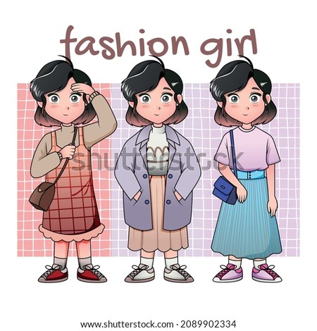 Vector SET of beautiful fashion hipster girl in winter clothes, sneakers, jacket and hat with bags illustration