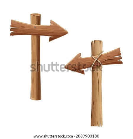 wooden arrow signs isolated on white. realistic guide post, road sign or pointer fastened with rope and nails. Rustic directional signs collection for game ui or ad design. Cartoon style illustration