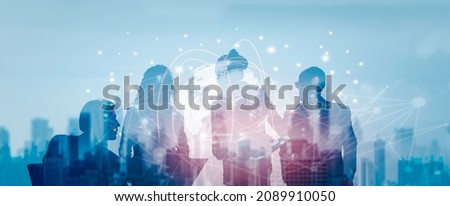 Business global network connection telecommunication or Metaverse technology concept, Futuristic silhouette business people group working on virtual meeting with internet link graphic background