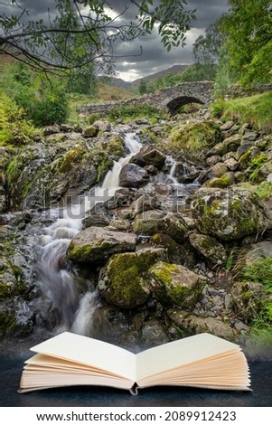 Beautiful long exposure landscape image of Ashness Bridge in English Lake District coming out of pages in book composite image