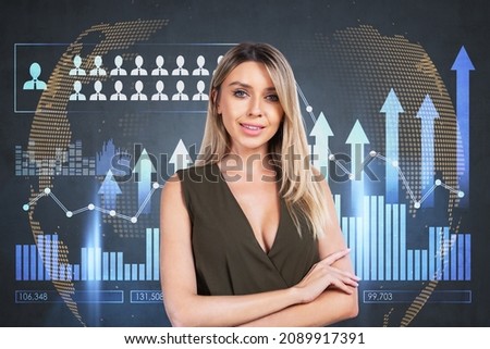 Office woman smiling and looking at the camera, confident look with arms crossed. Boss and worldwide recruitment hologram. Rising arrows and team icons. Concept of progress