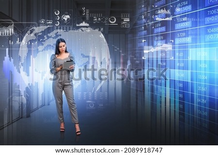 Office woman working with electronic devices. Digital hud earth globe with stock market changes, forex data numbers, icons and information. Concept of big data