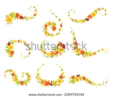 Maple Palmate Leaves of Bright Autumn Colour Arranged in Decorative Swirling Line Vector Set