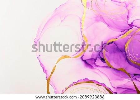 art photography of abstract fluid painting with alcohol ink, pink, gold and purple colors