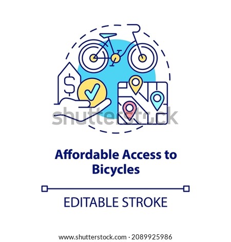 Affordable access to bicycles concept icon. Bike sharing goal abstract idea thin line illustration. Accessible option. Equitable vehicle sharing. Vector isolated outline color drawing. Editable stroke