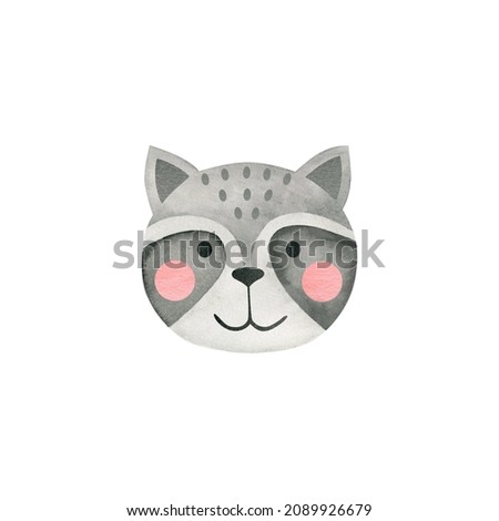 Watercolor raccoon face isolated on white background. Animal.