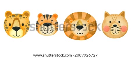 Watercolor set of tiger, leopard, lion, cat faces isolated on white background. Animal.