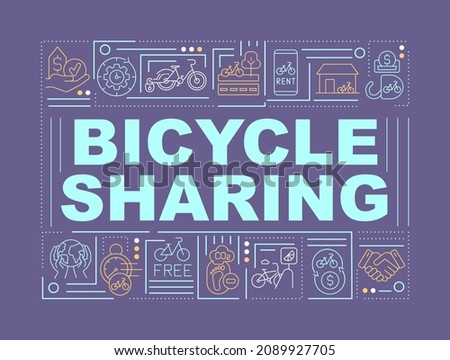 Bike sharing program word concepts banner. Sustainable future. Infographics with linear icons on purple background. Isolated creative typography. Vector outline color illustration with text