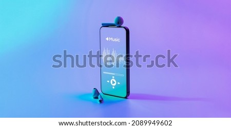 Music icon. Audio equipment with beats, sound headphones, music application on mobile smartphone screen. Radio recording sound voice on neon gradient background. Broadcast media music concept