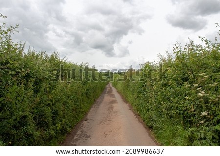 a deserted straight Devon country lane with high hedges either side on a cloudy day Royalty-Free Stock Photo #2089986637