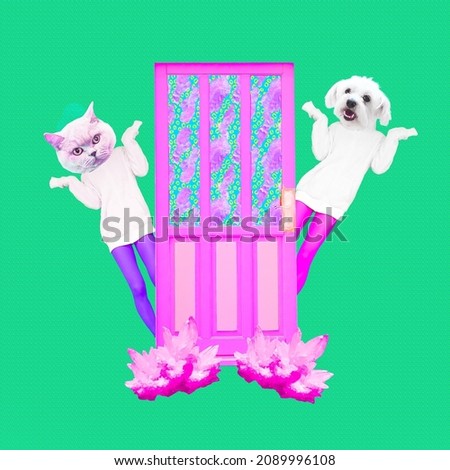 Contemporary art collage. Funny trendy zine design. Cute Kitty and Dog characters in a warm hoodie. Fall Winter seasons concept