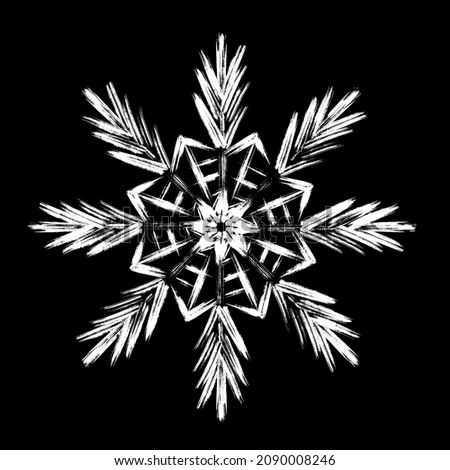 Snowflake icon. One white snowflake on a black background. Set of square icons. Black and white pattern. Ornament. Symbol of frost, snow, winter. Design element of New Year, Christmas card, greeting