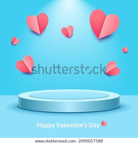 Valentines day sales. Promotion vector banner with realistic paper cut hearts, product display 3d podium and text: Happy Valentine's day! Poster with free space for products. Romance modern design