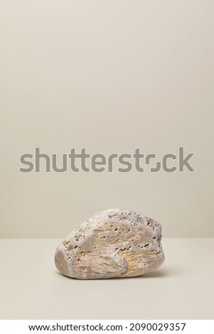 Abstract nature scene with natural beige stone pedestal for branding and packaging presentation. Neutral background for cosmetic beauty product mockups. Natural pastel colors. Copy space, front view.