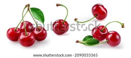 Cherry isolated. Sour cherry collection. Cherries with leaves on white background. Sour cherri set. Royalty-Free Stock Photo #2090033365