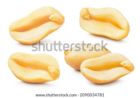 Peanut isolated. Peanuts set on white background. Nut collection. Whole and cut half. Full depth of field.