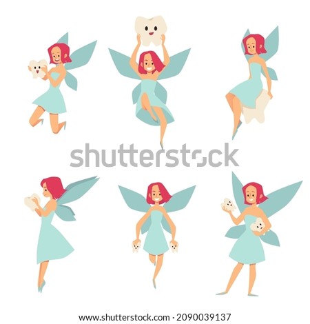 Tooth fairy female cartoon characters collection, flat vector illustration isolated on white background. Beautiful magic tooth fairy fantasy characters set.