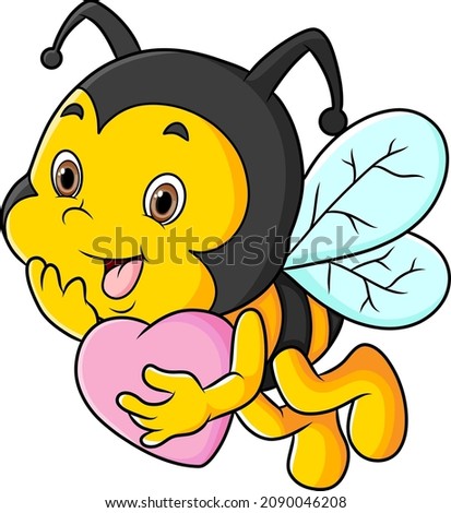 The cute bee is flying while holding a heart love doll of illustration