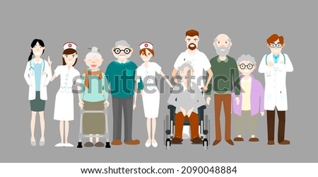 Doctor and nurse caring for elderly group. Flat design vector illustration. Elderly society concept. Health and medicine.