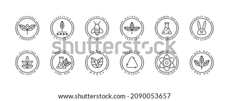 Organic cosmetic line icons set. Eco line badge. Handmade eco logos, natural organic cosmetics vegan food symbols. Product free allergen labels. Natural products badges. GMO free emblems. Vector Royalty-Free Stock Photo #2090053657
