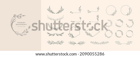 Set of elegant floral logo elements. Borders and dividers, frame corners and branch. Boho Hand drawn line wedding herb, leaves for invitation save the date card. Botanical rustic trendy greenery Royalty-Free Stock Photo #2090055286