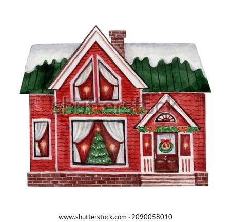 Watercolor Christmas red house isolated on a white background. Hand painted Illustration for design.