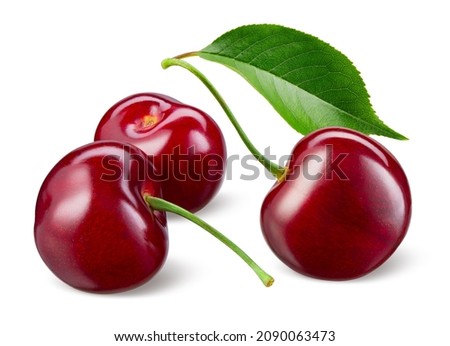 Cherry isolated. Sour cherries with leaf on white background. Sour cherri on white. Full depth of field. Royalty-Free Stock Photo #2090063473