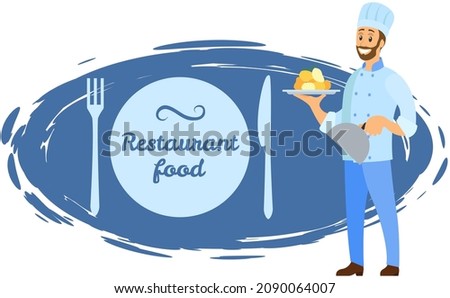 Man holds plate with ready-made meal. Restaurant service, breakfast or dinner dish. Kitchener serves dish from chef, food at cafe. Serving restaurant food concept. Cook stands with boiled potatoes