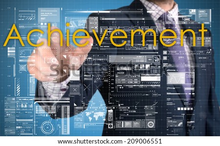 businessman presenting achievement text on business background