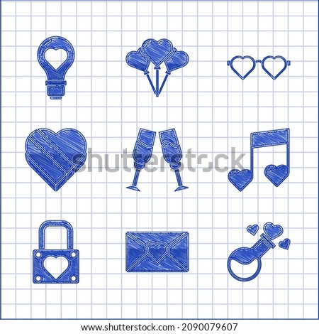 Set Glass of champagne, Envelope with Valentine heart, Bottle love potion, Music note, tone hearts, Lock and, Candy shaped box, Heart glasses and light bulb icon. Vector