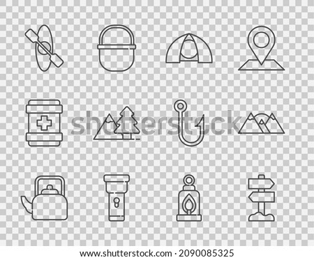 Set line Kettle with handle, Road traffic signpost, Tourist tent, Flashlight, Kayak or canoe, Mountains tree, Camping lantern and  icon. Vector