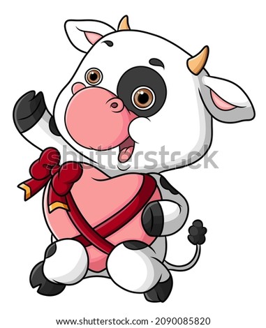 The cute cow is performing and holding a big heart love of illustration