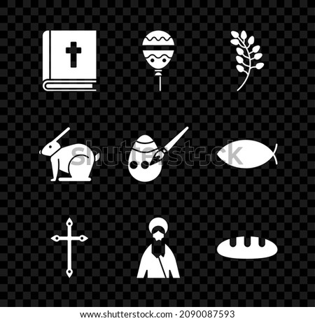 Set Holy bible book, Balloons with ribbon, Willow leaf, Christian cross, Jesus, Bread loaf, Easter rabbit and egg and paint brush icon. Vector