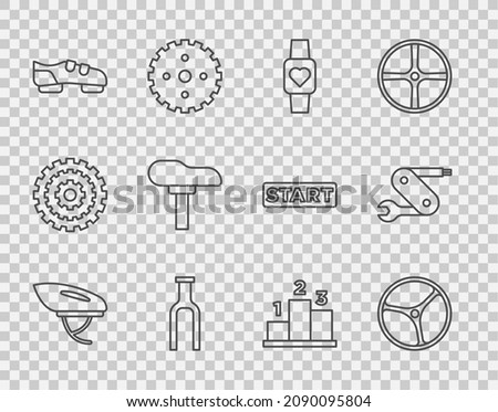 Set line Bicycle helmet, wheel, Smart watch, fork, shoes, seat, Award over sports winner podium and Swiss army knife icon. Vector
