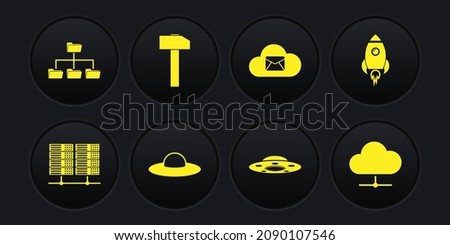 Set Server, Data, Web Hosting, Rocket ship with fire, UFO flying spaceship, , Cloud mail server and Hammer icon. Vector