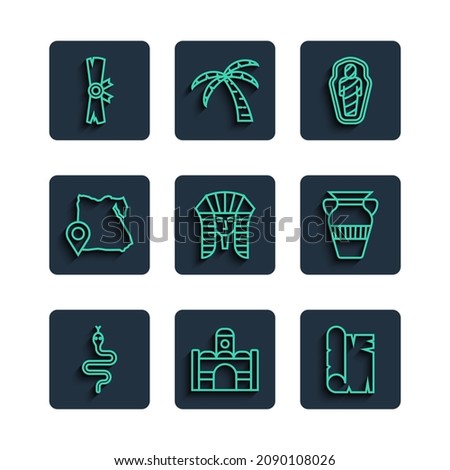 Set line Snake, Egyptian house, Papyrus scroll, mummy in sarcophagus, pharaoh, Map of,  and vase icon. Vector