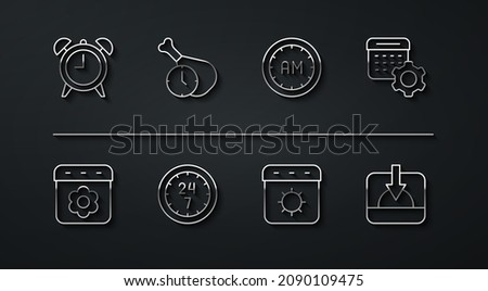 Set line Alarm clock, Calendar spring, settings, summer, Clock 24 hours, Food time, Sunset and Morning icon. Vector