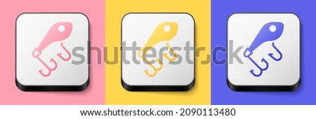 Isometric Fishing lure icon isolated on pink, yellow and blue background. Fishing tackle. Square button. Vector