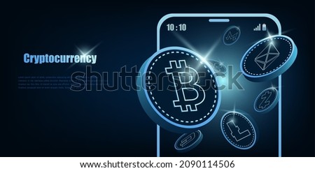 Cripto currency, Bitcoin Crypto on Mobile.Bitcoin currency. Crypto coin with growth graph. International stock exchange. Bitcoin uptrend Royalty-Free Stock Photo #2090114506