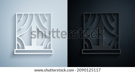 Paper cut Window with curtains in the room icon isolated on grey and black background. Paper art style. Vector