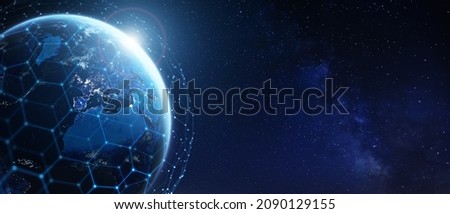 Telecommunication technology network around Earth for internet, 5G cellular data connection, blockchain, IoT, world finance or smart cities. Global satellite communications, space. Elements from NASA Royalty-Free Stock Photo #2090129155