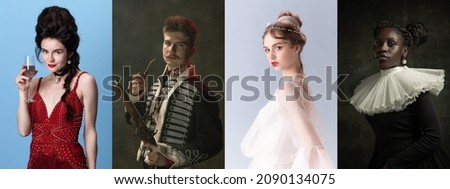 Sight. Set of women and man as medieval persons or characters from famous artworks in vintage clothing isolated on colored background. Concept of comparison of eras, modernity and renaissance style. Royalty-Free Stock Photo #2090134075