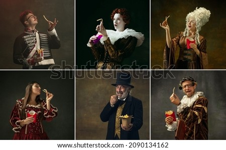 Surprise. Mix-aged people in image of medieval royalty persons in vintage clothing tasting junk food on dark background. Concept of comparison of eras, modernity and renaissance, baroque style. Royalty-Free Stock Photo #2090134162