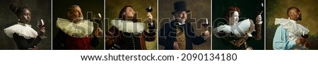 Tasting wine. Multi Ethnic people in image of medieval royalty persons in vintage clothing on dark background. Concept of comparison of eras, modernity and renaissance, baroque style. Photo set.