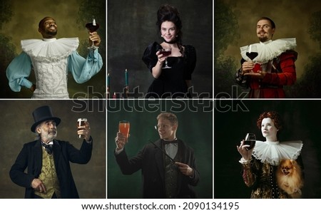 Cheers. Multi Ethnic people in image of medieval royalty persons in vintage clothing on dark background. Concept of comparison of eras, modernity and renaissance, baroque style. Creative collage. Royalty-Free Stock Photo #2090134195