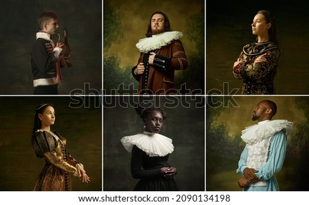 Composed and confident. Medieval people as a royalty persons in vintage clothing on dark background. Concept of comparison of eras, modernity and renaissance, baroque style. Creative collage. Flyer Royalty-Free Stock Photo #2090134198