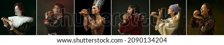 Fast food. Medieval women as a royalty persons from famous artworks in vintage clothing on dark background. Concept of comparison of eras, modernity and renaissance, baroque style. Creative collage. Royalty-Free Stock Photo #2090134204