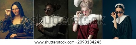 Charm and flirt. Medieval people as a royalty persons in vintage clothing on dark background. Concept of comparison of eras, modernity and renaissance, baroque style. Creative collage. Flyer Royalty-Free Stock Photo #2090134243