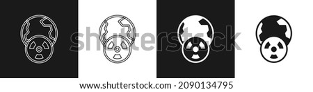 Set Planet earth and radiation symbol icon isolated on black and white background. Environmental concept.  Vector